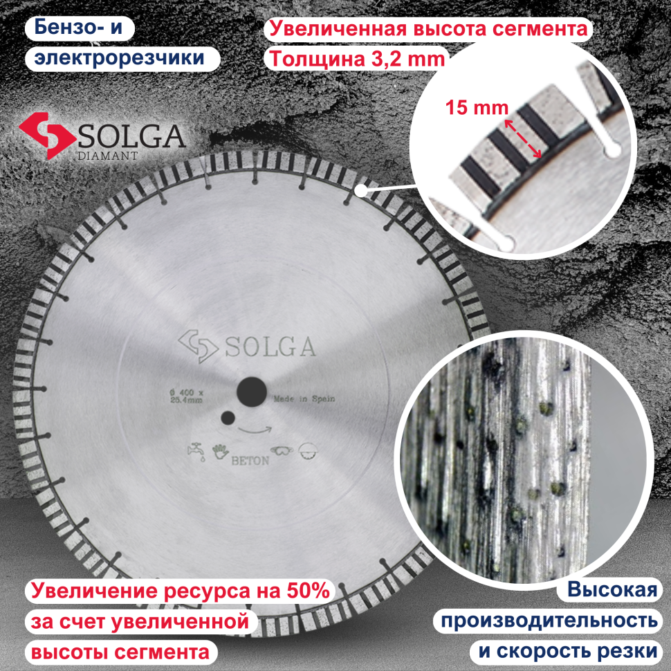 Диск алмазный СОЛГА ДИАМАНТ (Solga Diamant) ПРОФЕССИОНАЛ 15 (PROFESSIONAL 15) сегментный по асфальту 400х25,4/20 мм  (23117400)