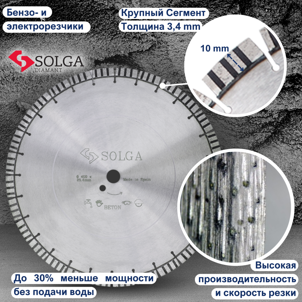 Диск алмазный СОЛГА ДИАМАНТ (Solga Diamant) ПРОФЕССИОНАЛ 10 (PROFESSIONAL 10) сегментный по железобетону 400х25,4 мм (23116400)